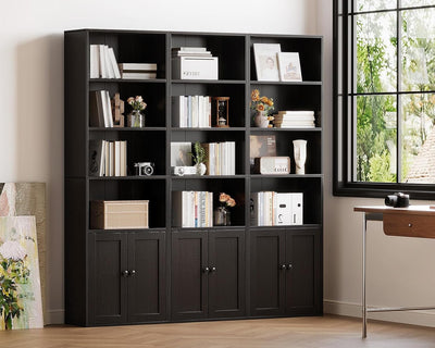 6-Tier Black Bookshelf w/ Doors – Tall
