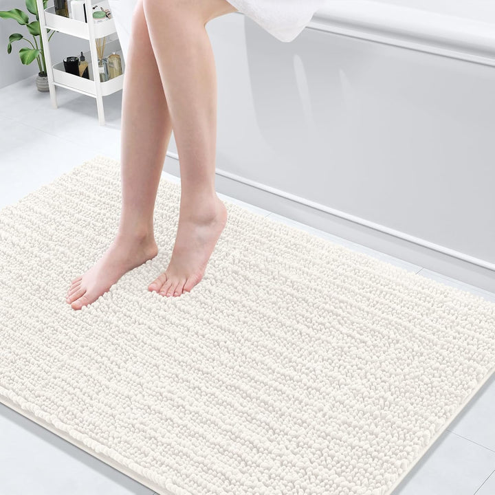 Ivory Chenille Bath Rug – 24"x16" Plush Non-Slip