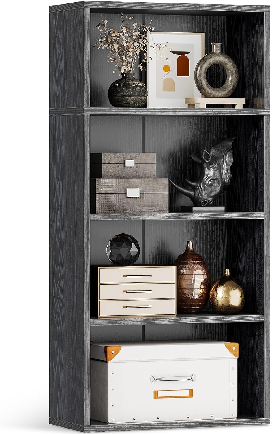 5-Tier Black Open Bookshelf – Tall Storage