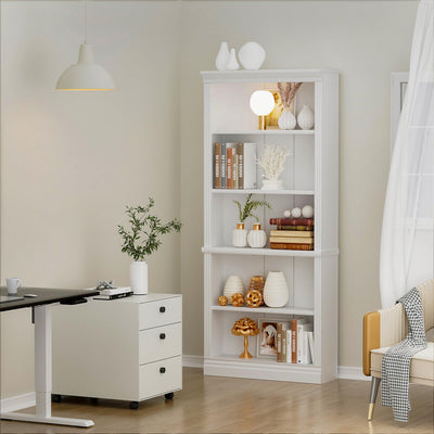 5-Shelf White Wooden Bookcase – Tall Rack