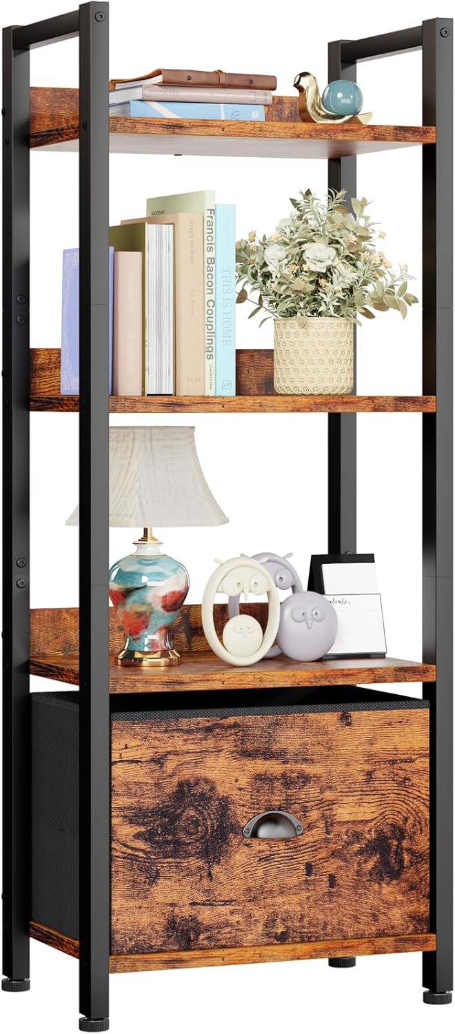 5-Tier Rustic Brown Bookshelf w/ Drawer
