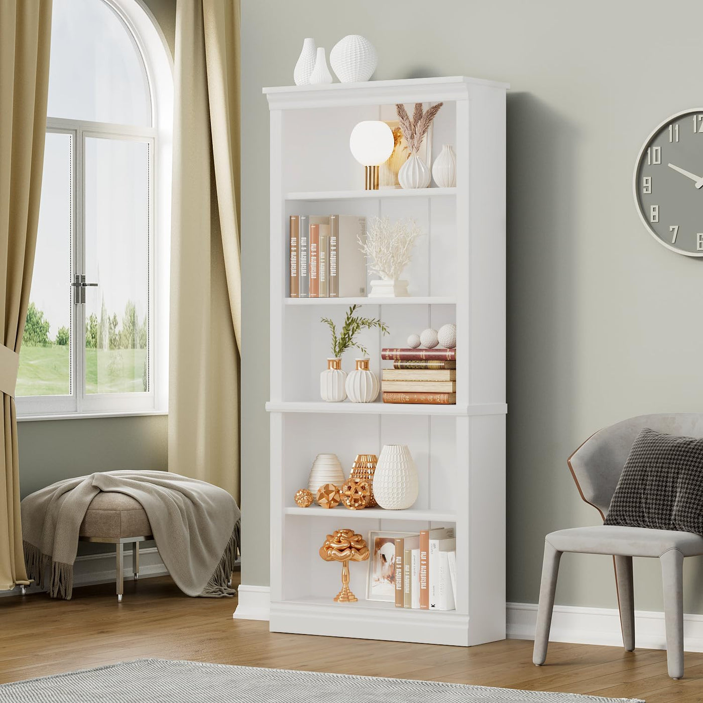 5-Shelf White Wooden Bookcase – Tall Rack