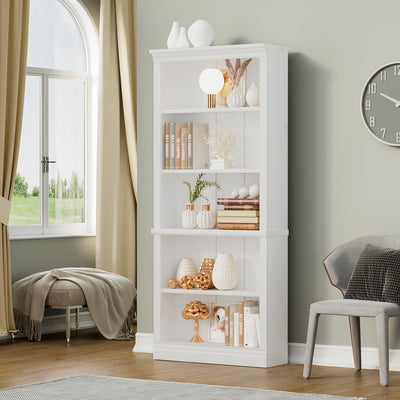5-Shelf White Wooden Bookcase – Tall Rack