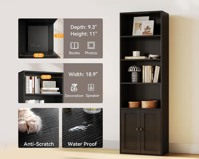 6-Tier Black Bookshelf w/ Doors – Tall