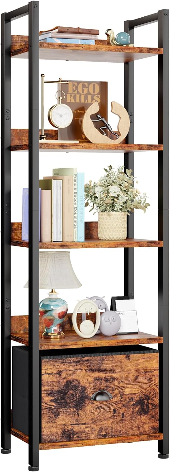 5-Tier Rustic Brown Bookshelf w/ Drawer