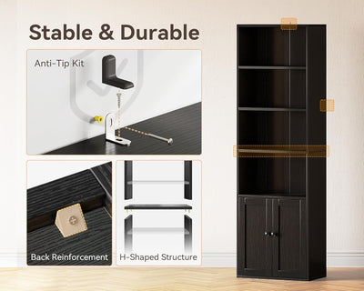 6-Tier Black Bookshelf w/ Doors – Tall