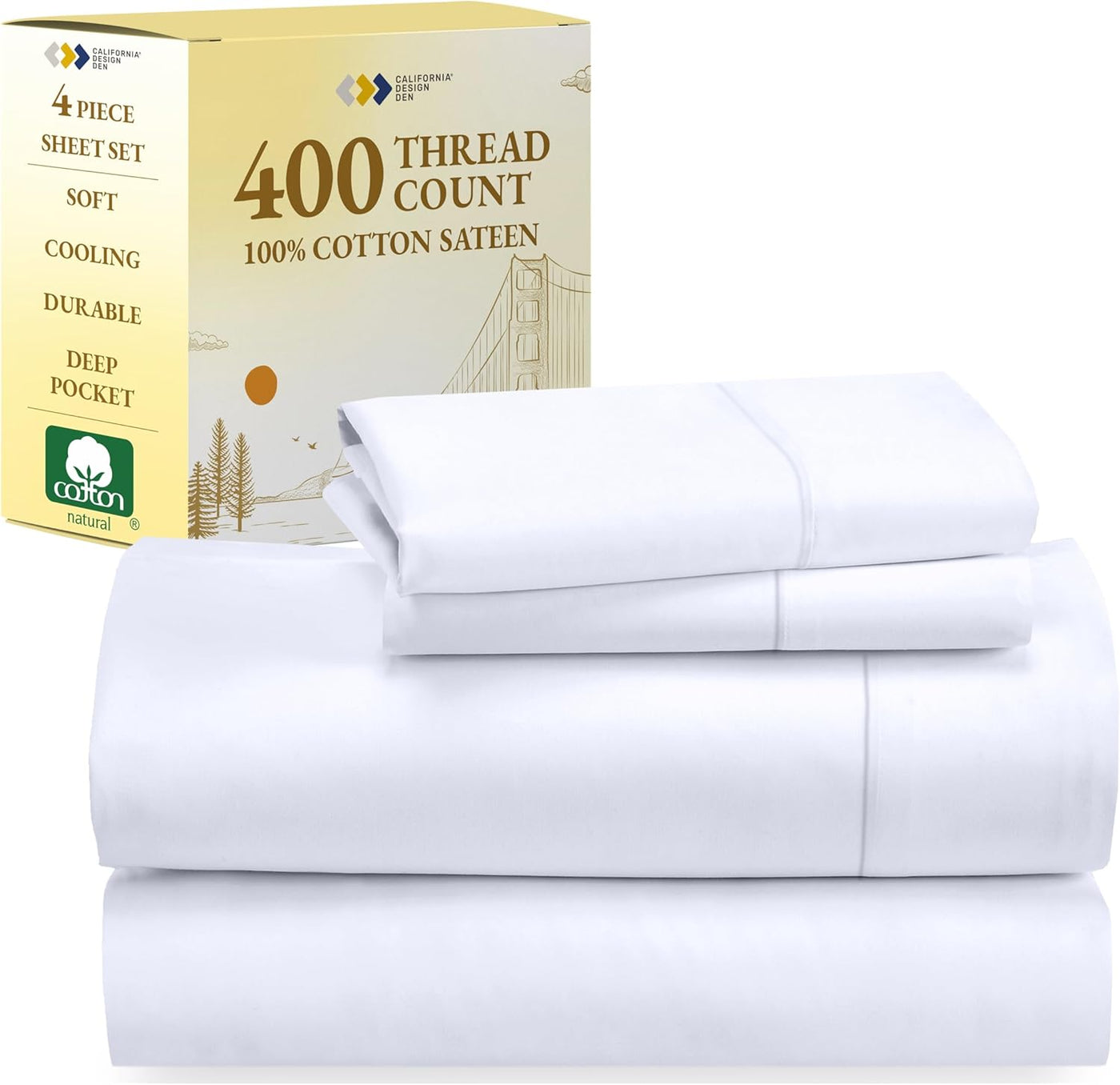 Full Size White Bed Sheets – 400 TC Cotton Set