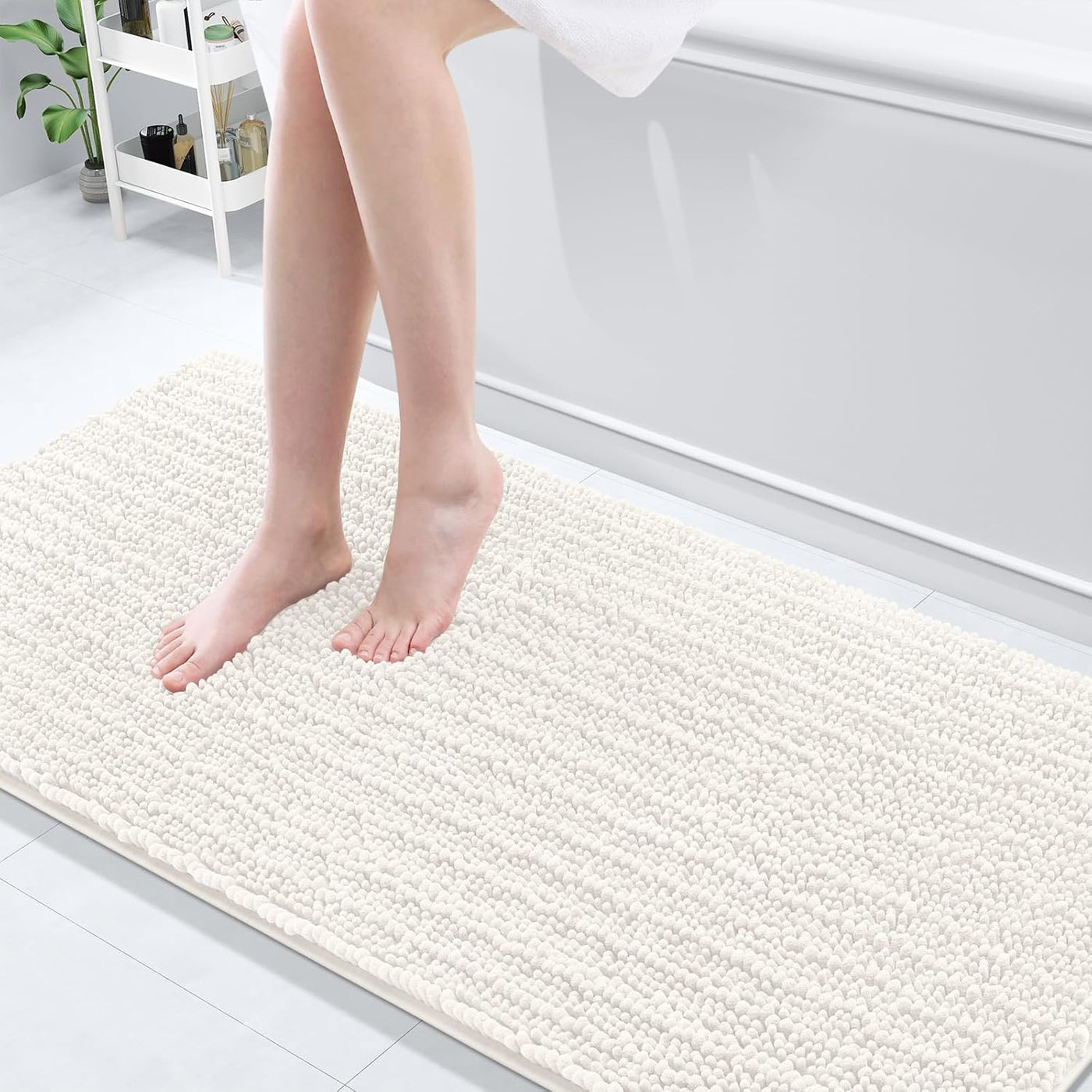 Ivory Chenille Bath Rug – 24"x16" Plush Non-Slip