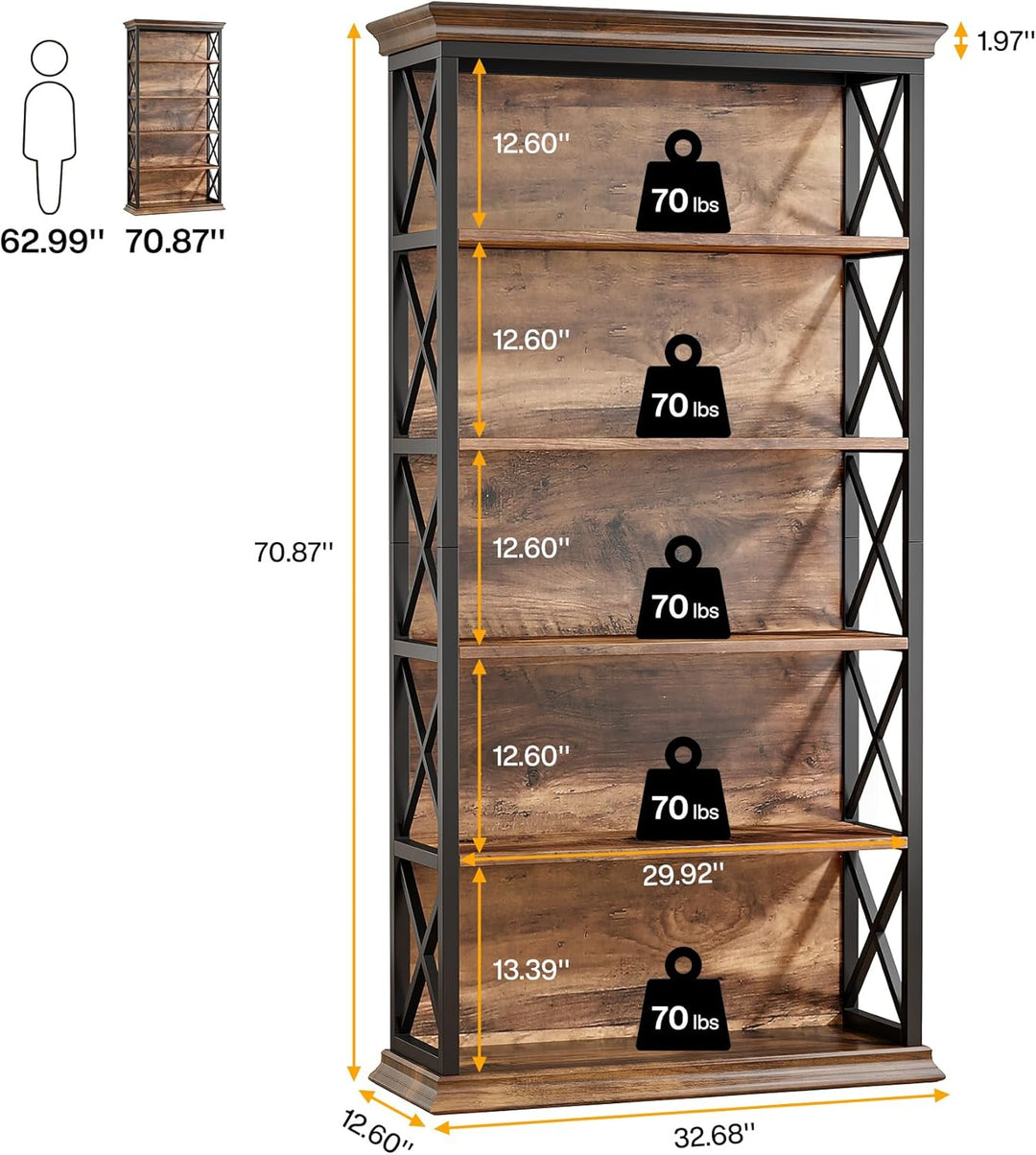 6-Tier Industrial Bookcase – 71" Tall