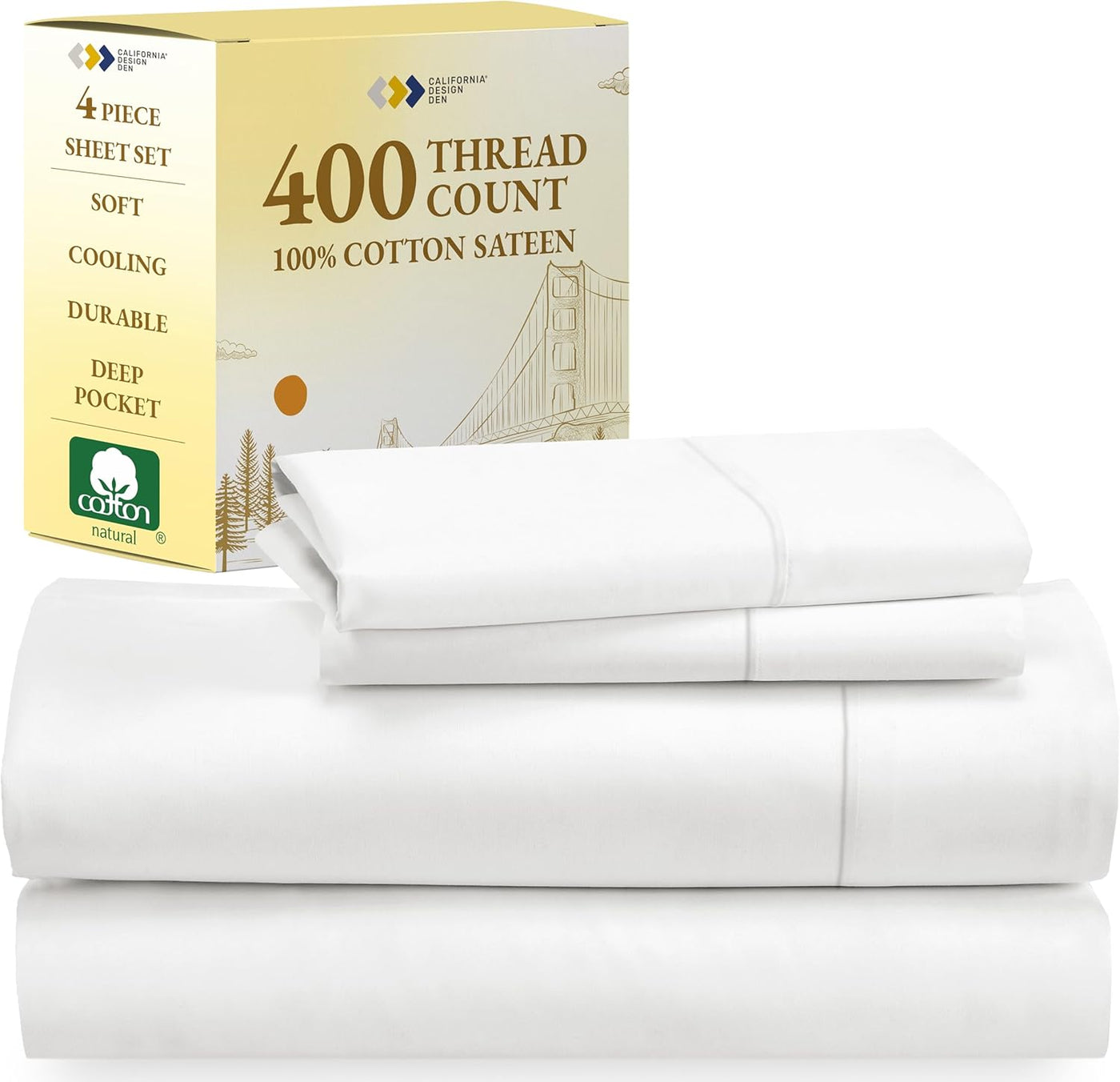 Full Size White Bed Sheets – 400 TC Cotton Set