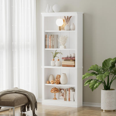5-Shelf White Wooden Bookcase – Tall Rack