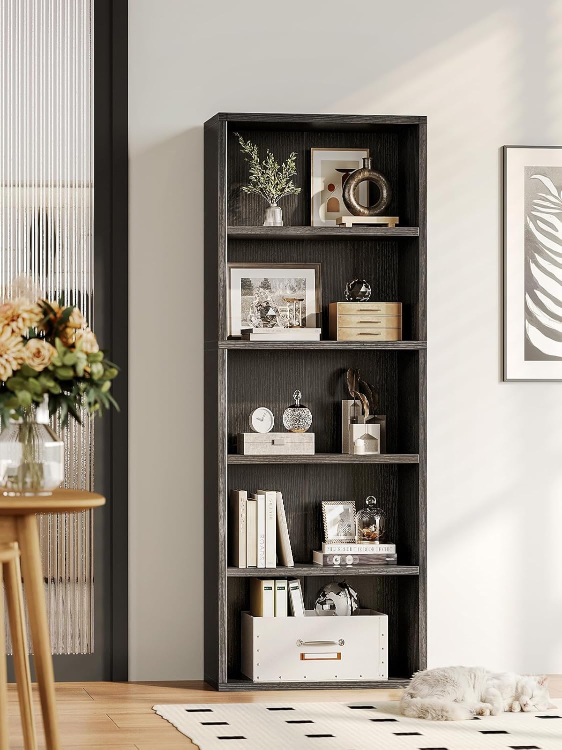 5-Tier Black Open Bookshelf – Tall Storage