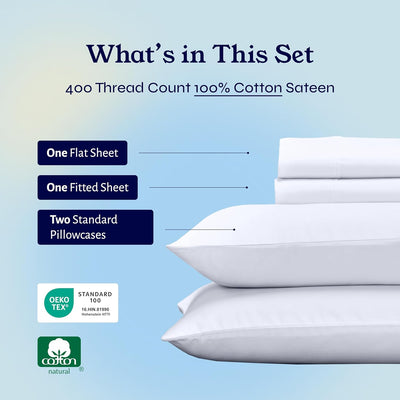 Full Size White Bed Sheets – 400 TC Cotton Set