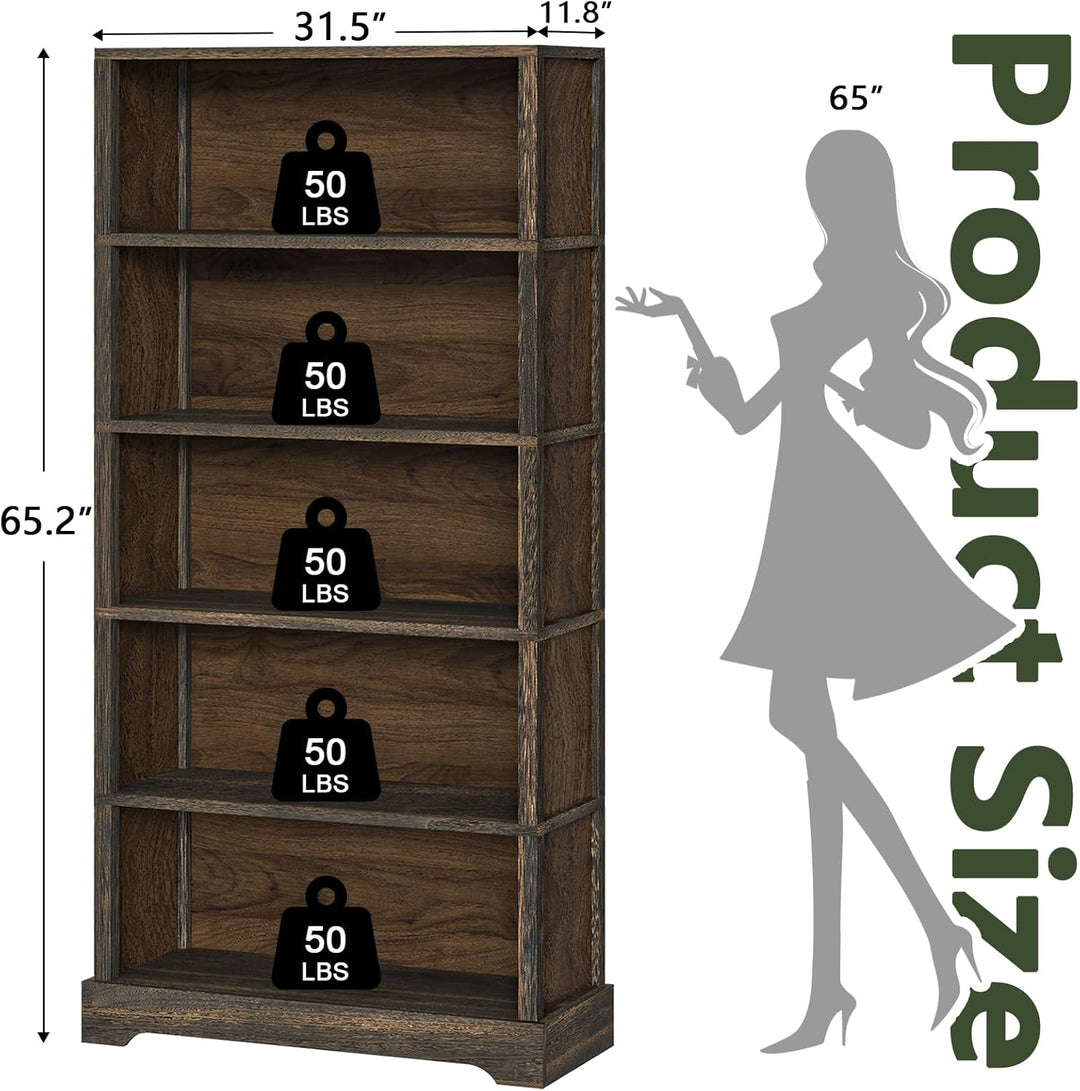 5-Shelf Rustic Brown Wooden Bookcase – 65"