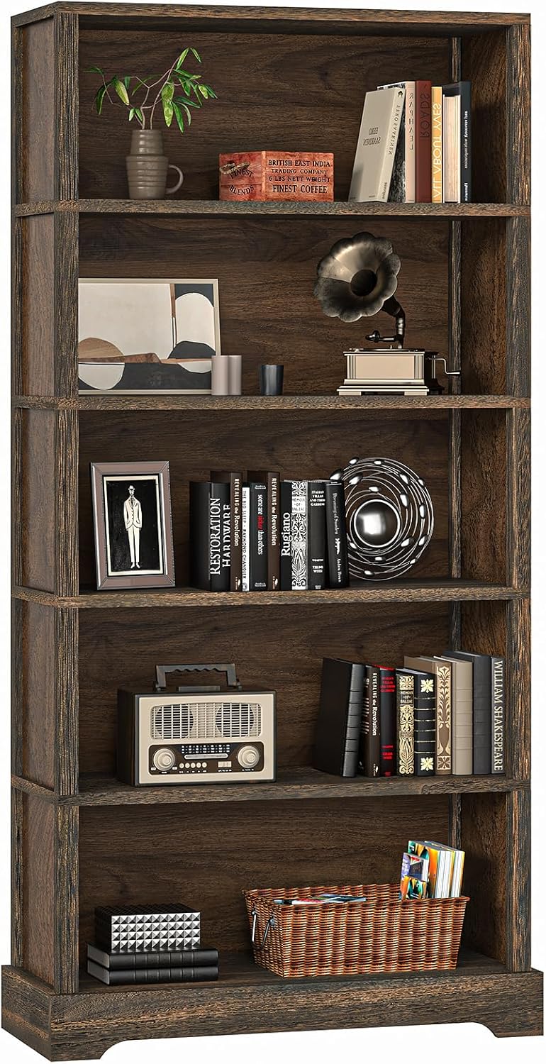 5-Shelf Rustic Brown Wooden Bookcase – 65"
