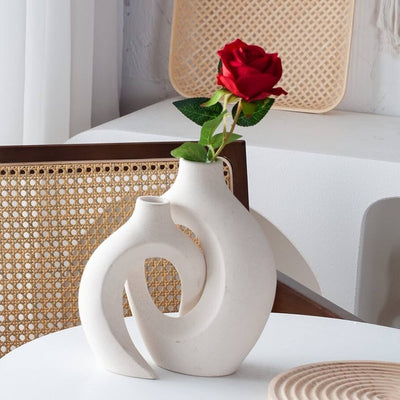 Off-White Hollow Ceramic Vase Set of 2 – Modern Donut Design for Nordic Home Decor