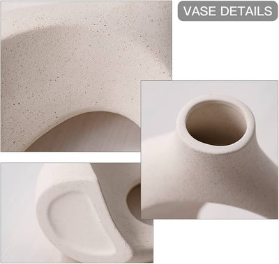 Off-White Hollow Ceramic Vase Set of 2 – Modern Donut Design for Nordic Home Decor