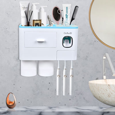 Toothbrush Holder Wall Mounted Automatic Toothpaste Dispenser Squeezer Kit -Magnetic Toothbrush Holder for Bathroom and Vanity, 4 Brush Slots 2 Cups 1 Cosmetic Drawer1 Large Storage Tray,Gray