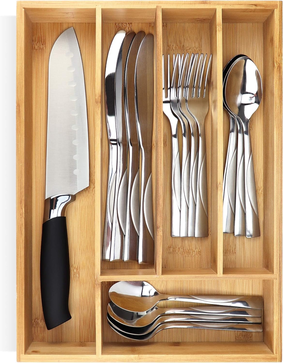 Expandable Bamboo Drawer Organizer for Kitchen & Office – 10 Adjustable Compartments, Fits 13"–22" Wide Drawers
