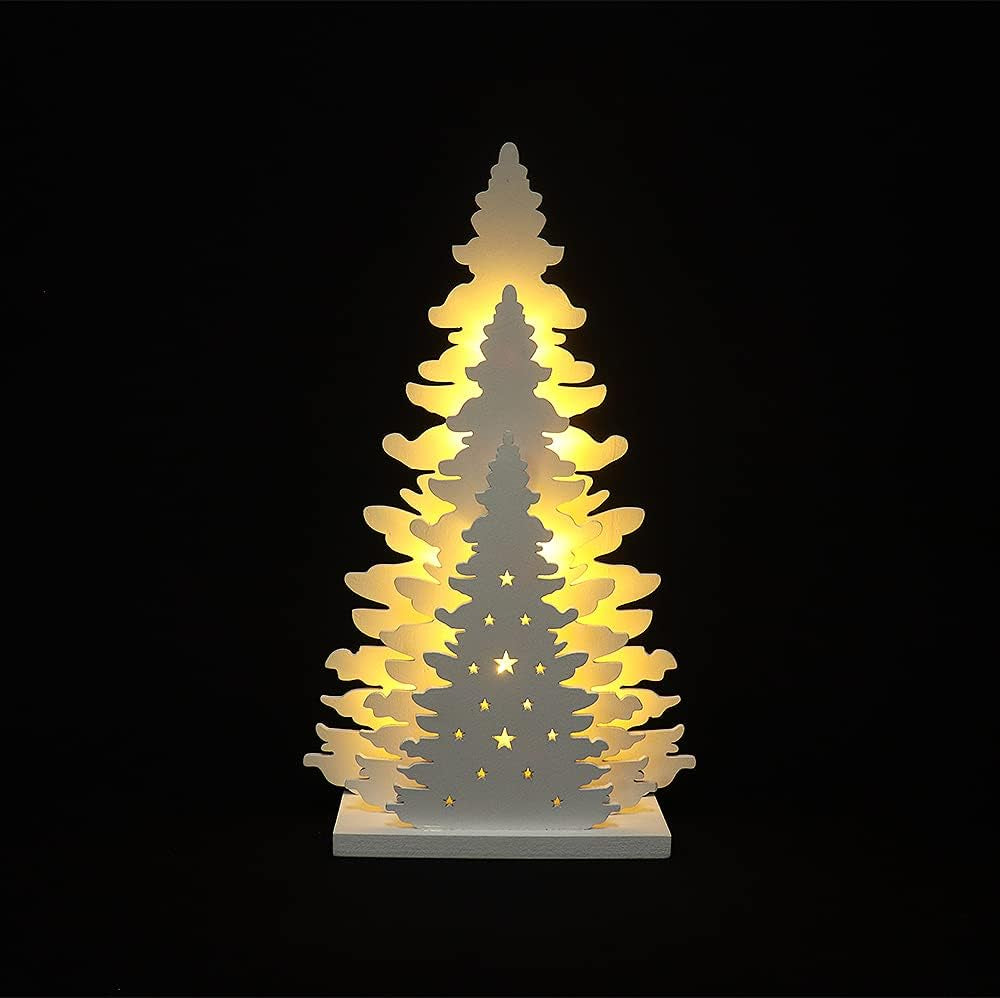 Wooden Christmas Tree Tabletop Decor, LED Wood Craft Christmas Trees Light 2AA Battery Powered 10 Inch for Xmas Home Decorations(Indoor)