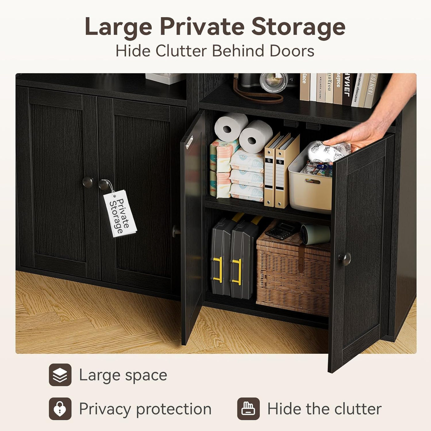6-Tier Black Bookshelf w/ Doors – Tall