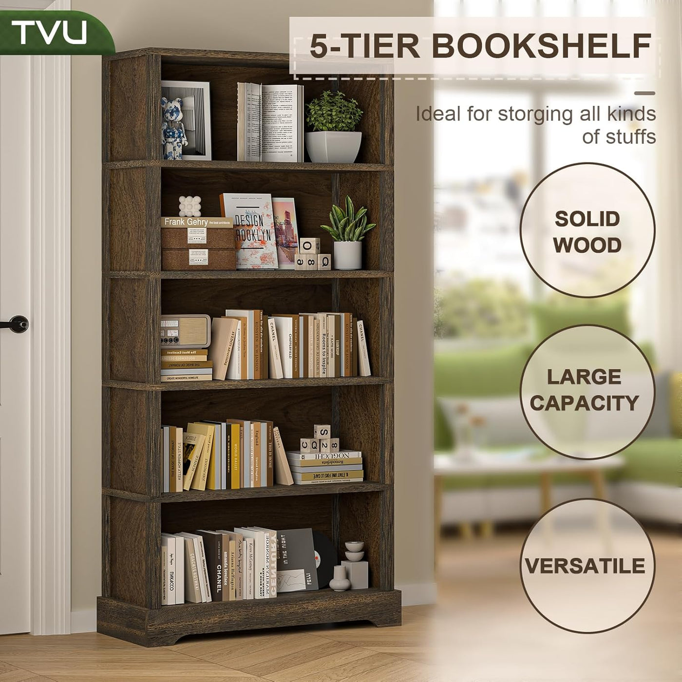 5-Shelf Rustic Brown Wooden Bookcase – 65"