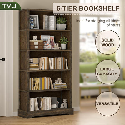 5-Shelf Rustic Brown Wooden Bookcase – 65"