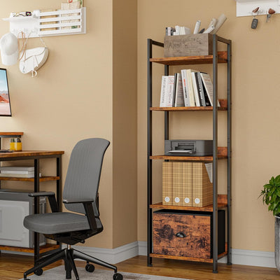 5-Tier Rustic Brown Bookshelf w/ Drawer