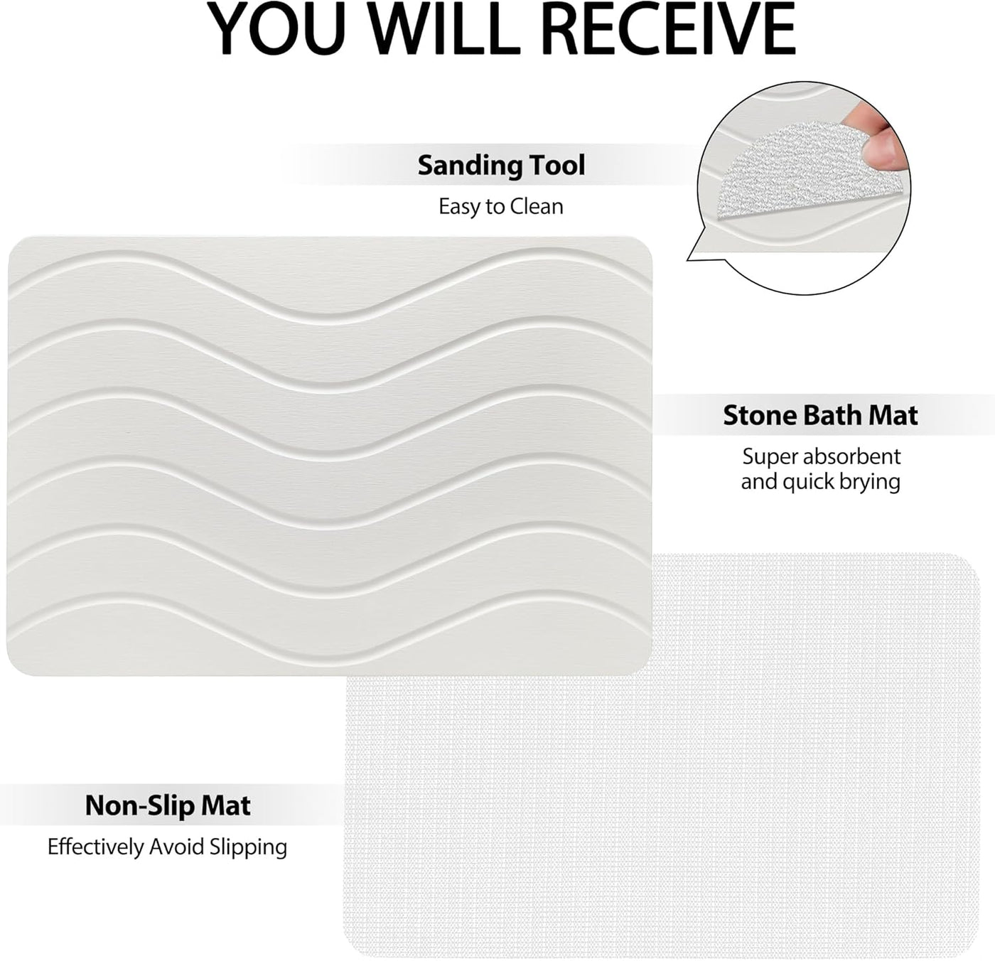 White Stone Bath Mat 23"x16" Quick Dry Non-Slip