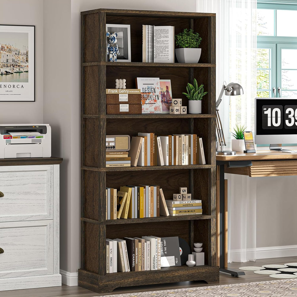 5-Shelf Rustic Brown Wooden Bookcase – 65"