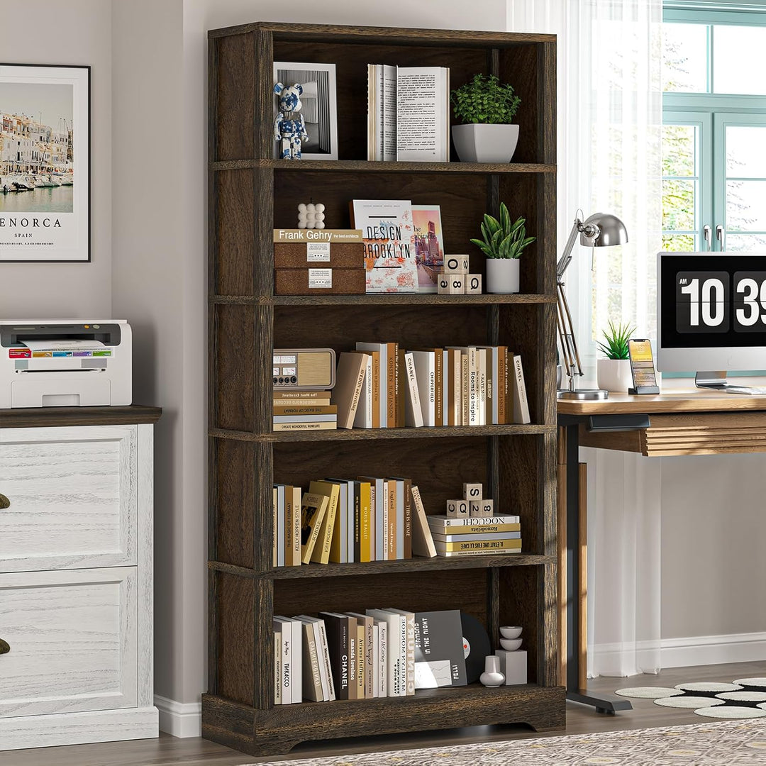 5-Shelf Rustic Brown Wooden Bookcase – 65"