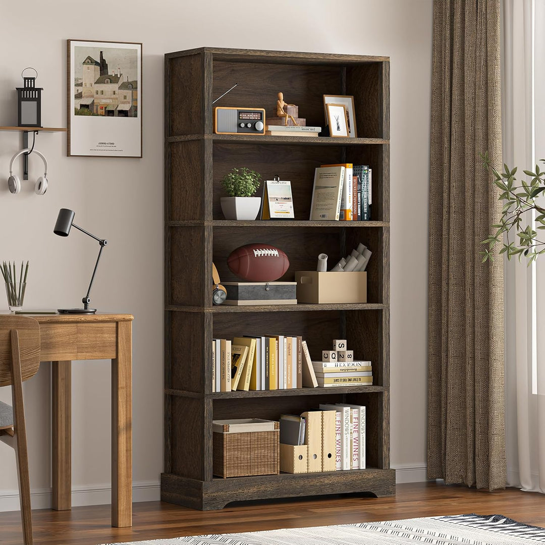 5-Shelf Rustic Brown Wooden Bookcase – 65"