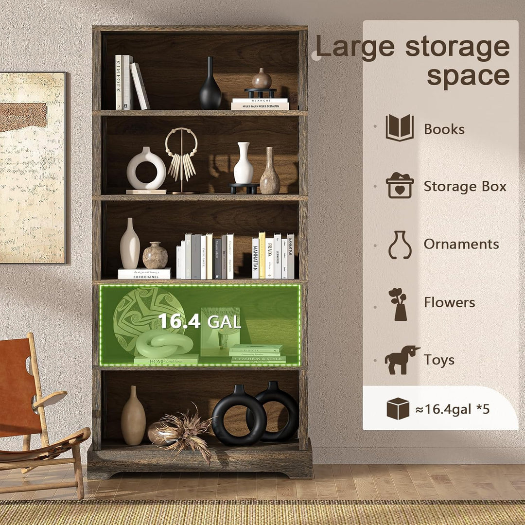 5-Shelf Rustic Brown Wooden Bookcase – 65"