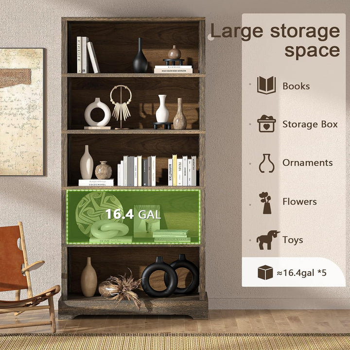 5-Shelf Rustic Brown Wooden Bookcase – 65"