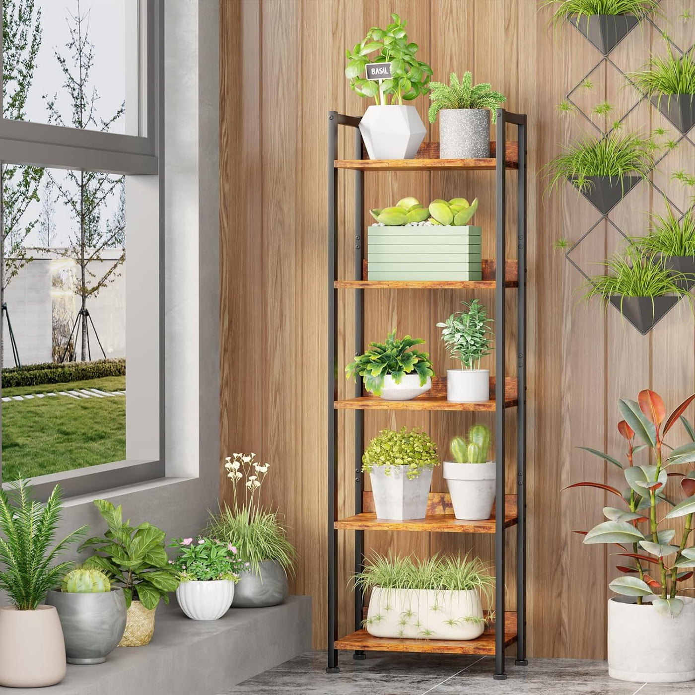 5-Tier Rustic Brown Bookshelf w/ Drawer