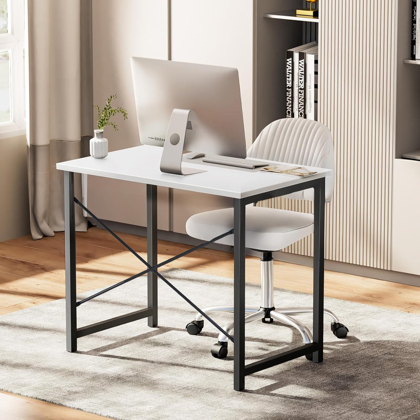 32" White Small Computer Desk with Metal Frame