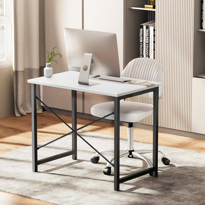 32" White Small Computer Desk with Metal Frame