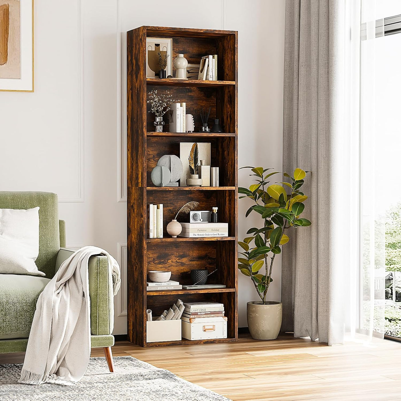 6-Tier Wooden Bookshelf – 71" Tall, White