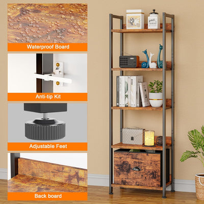 5-Tier Rustic Brown Bookshelf w/ Drawer