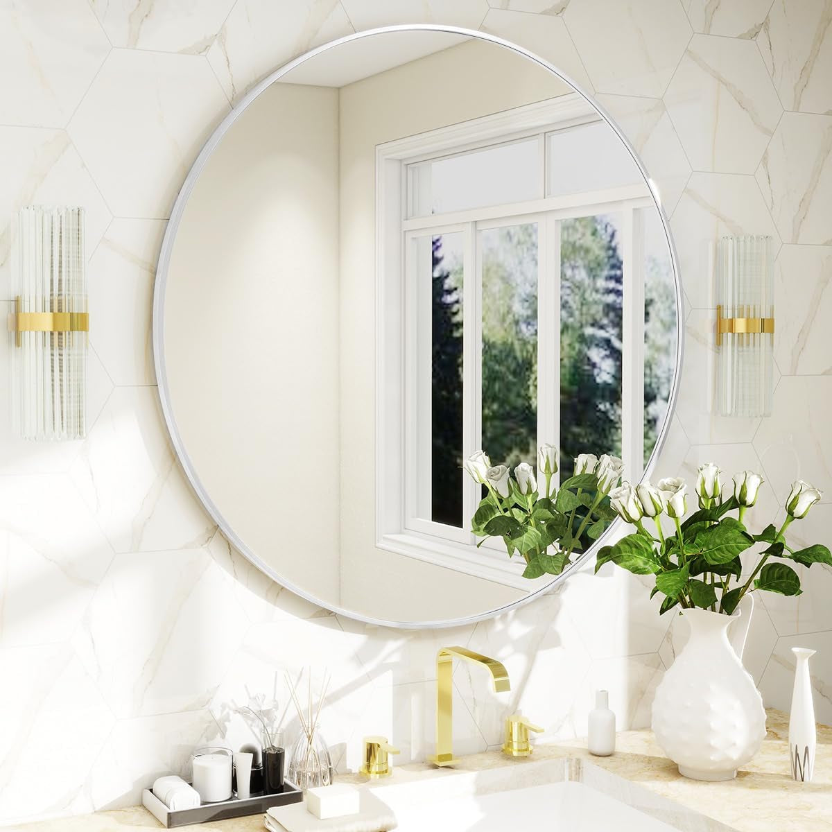 Modern Round Wall Mirror with Metal Frame – Minimalist Design for Bathroom, Living Room or Entryway