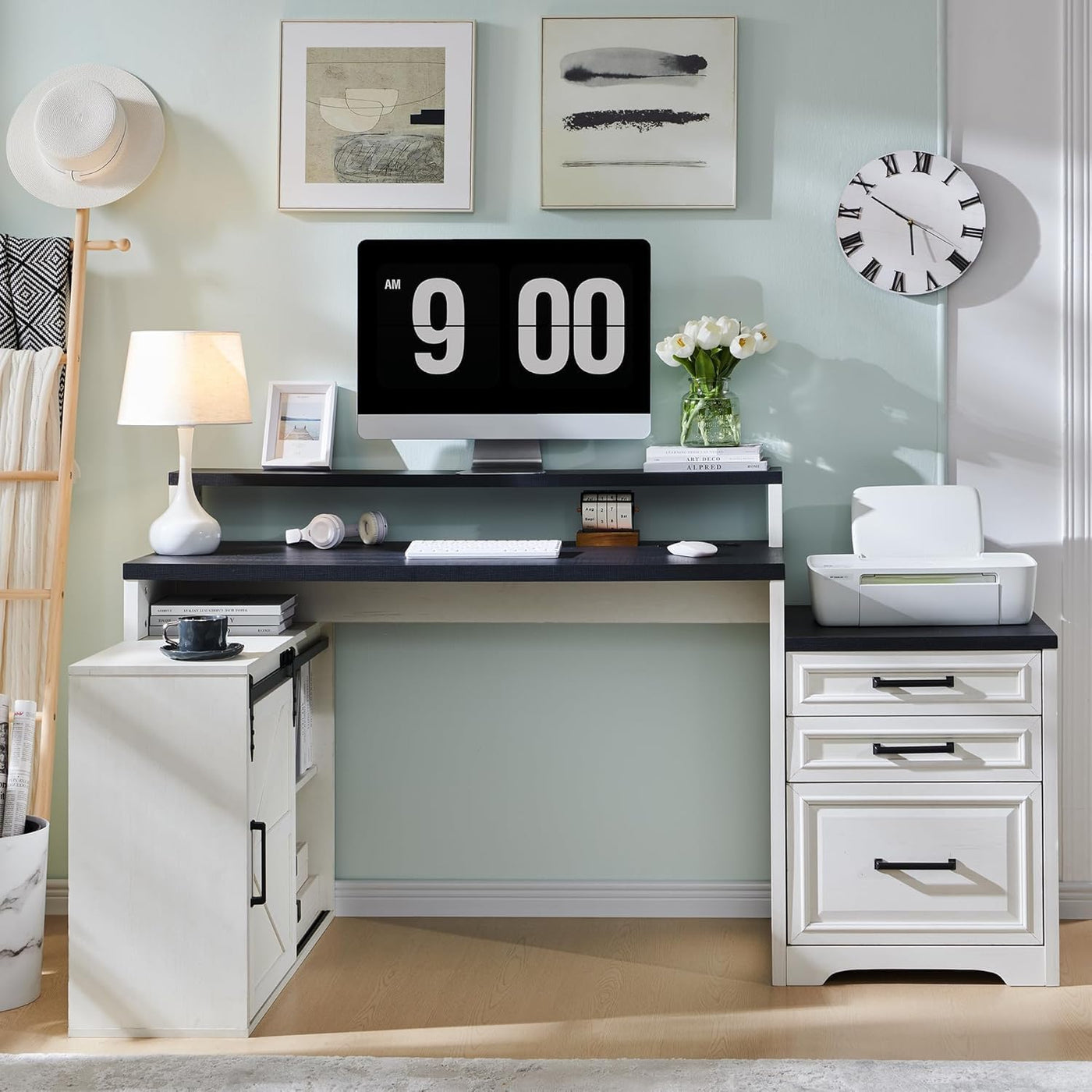 67" Off White Farmhouse Computer Desk with File