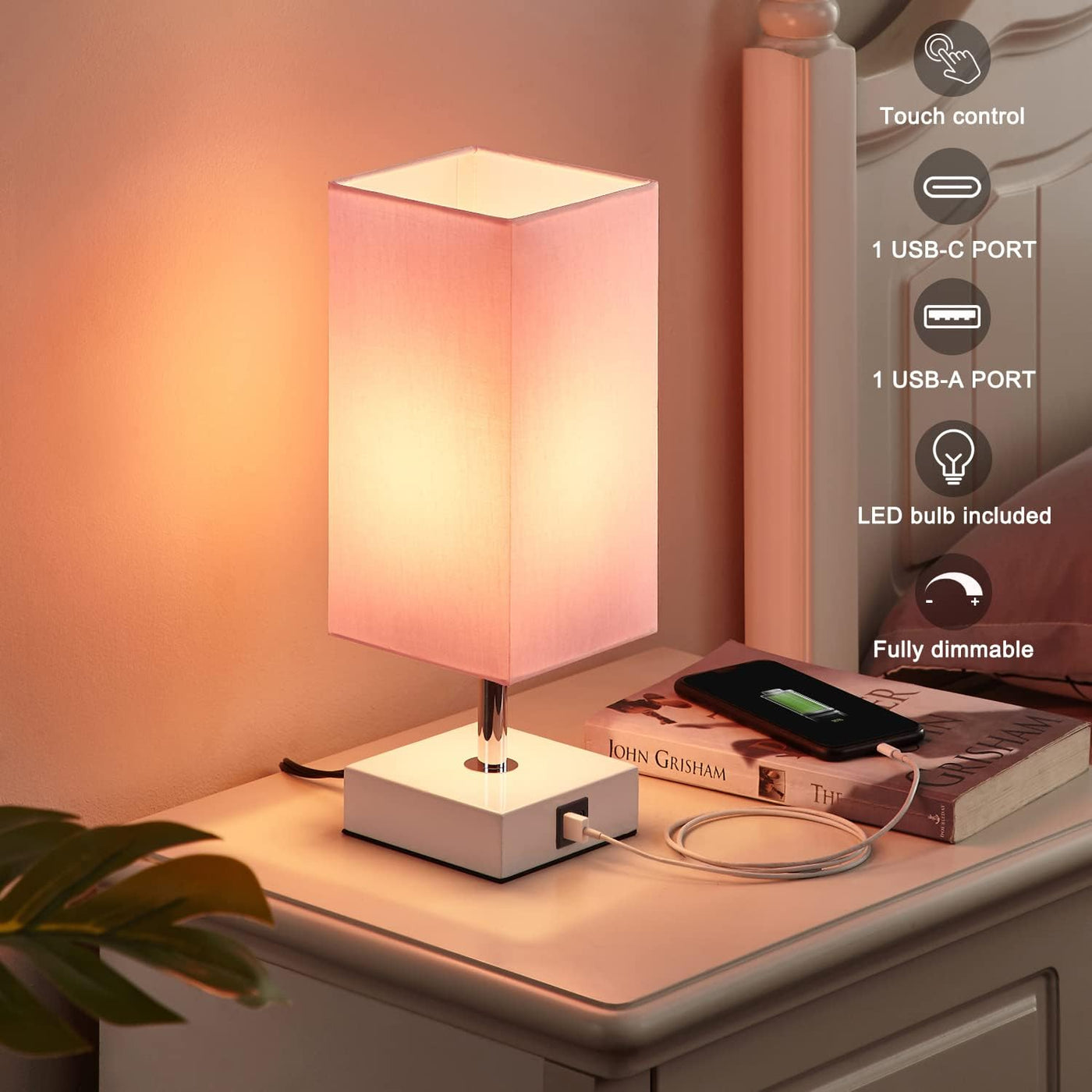 Touch Control Table Lamp with USB A+C Ports – 3-Level Dimmable Bedside Lamp with LED Bulb, Pink Shade & White Base, for Girls’ Room, Bedroom, Office