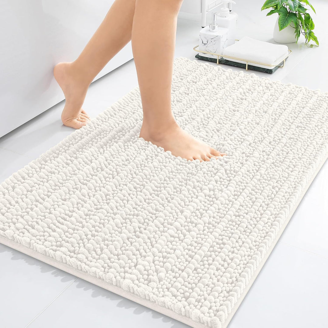 Ivory Chenille Bath Rug – 24"x16" Plush Non-Slip