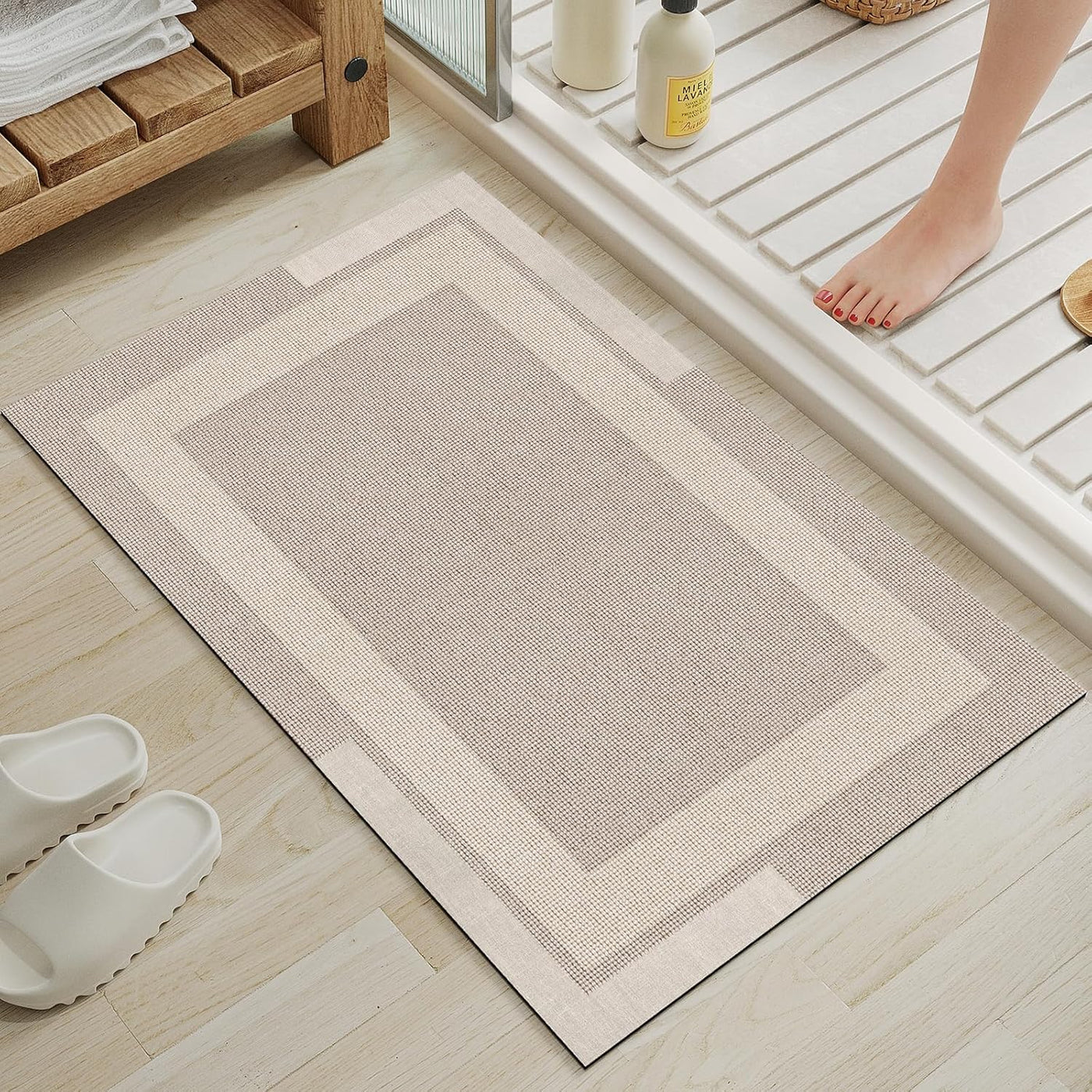 Beige Bath Mat – 16"x24" Thin Non-Slip Quick Dry