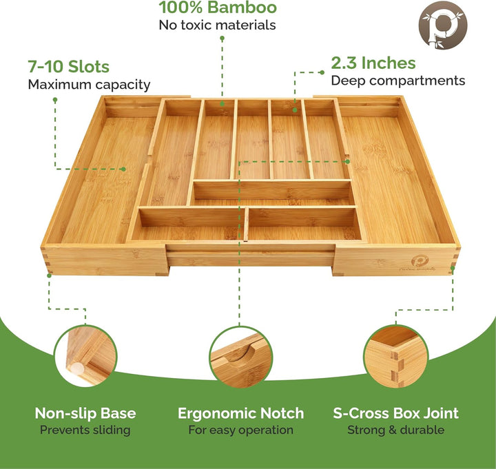 Expandable Bamboo Drawer Organizer for Kitchen & Office – 10 Adjustable Compartments, Fits 13"–22" Wide Drawers