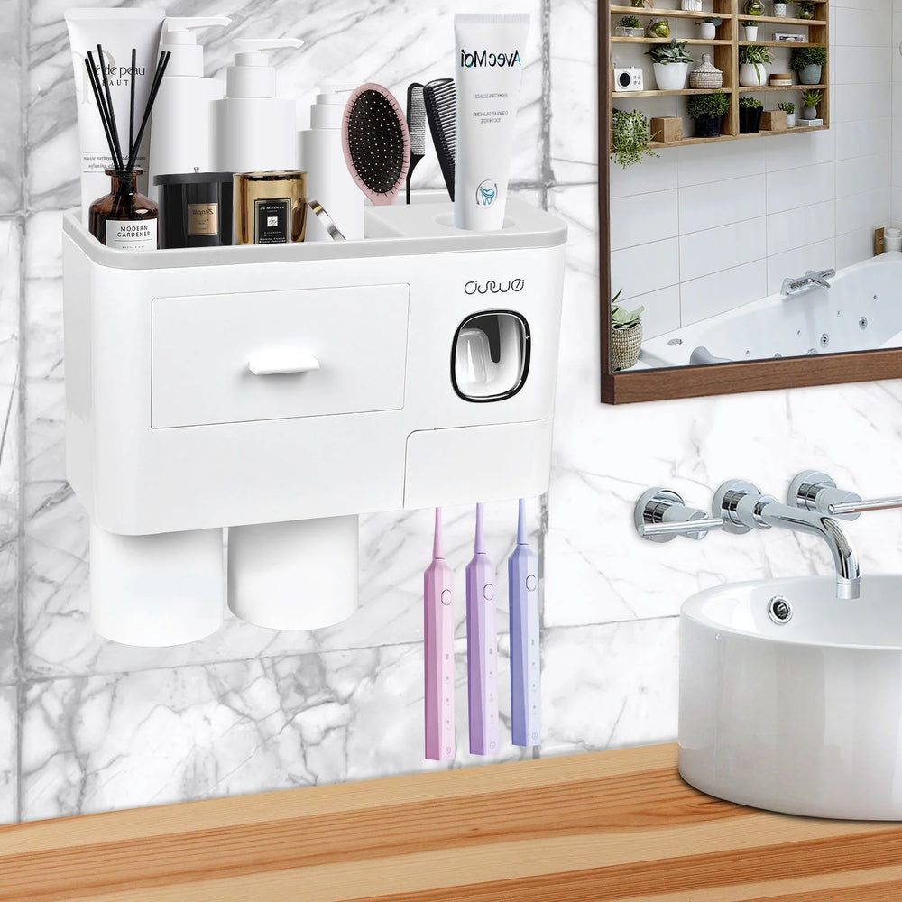 Toothbrush Holder Wall Mounted Automatic Toothpaste Dispenser Squeezer Kit -Magnetic Toothbrush Holder for Bathroom and Vanity, 4 Brush Slots 2 Cups 1 Cosmetic Drawer1 Large Storage Tray,Gray