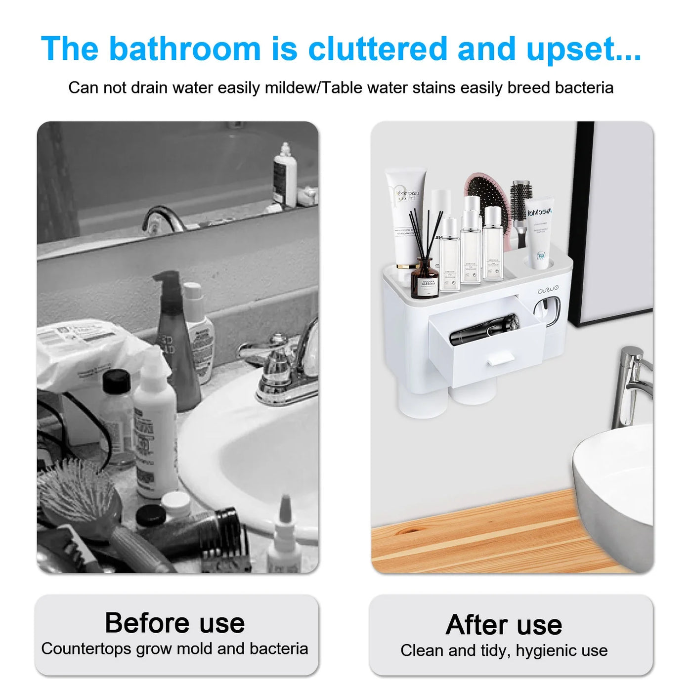 Toothbrush Holder Wall Mounted Automatic Toothpaste Dispenser Squeezer Kit -Magnetic Toothbrush Holder for Bathroom and Vanity, 4 Brush Slots 2 Cups 1 Cosmetic Drawer1 Large Storage Tray,Gray