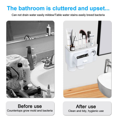 Toothbrush Holder Wall Mounted Automatic Toothpaste Dispenser Squeezer Kit -Magnetic Toothbrush Holder for Bathroom and Vanity, 4 Brush Slots 2 Cups 1 Cosmetic Drawer1 Large Storage Tray,Gray