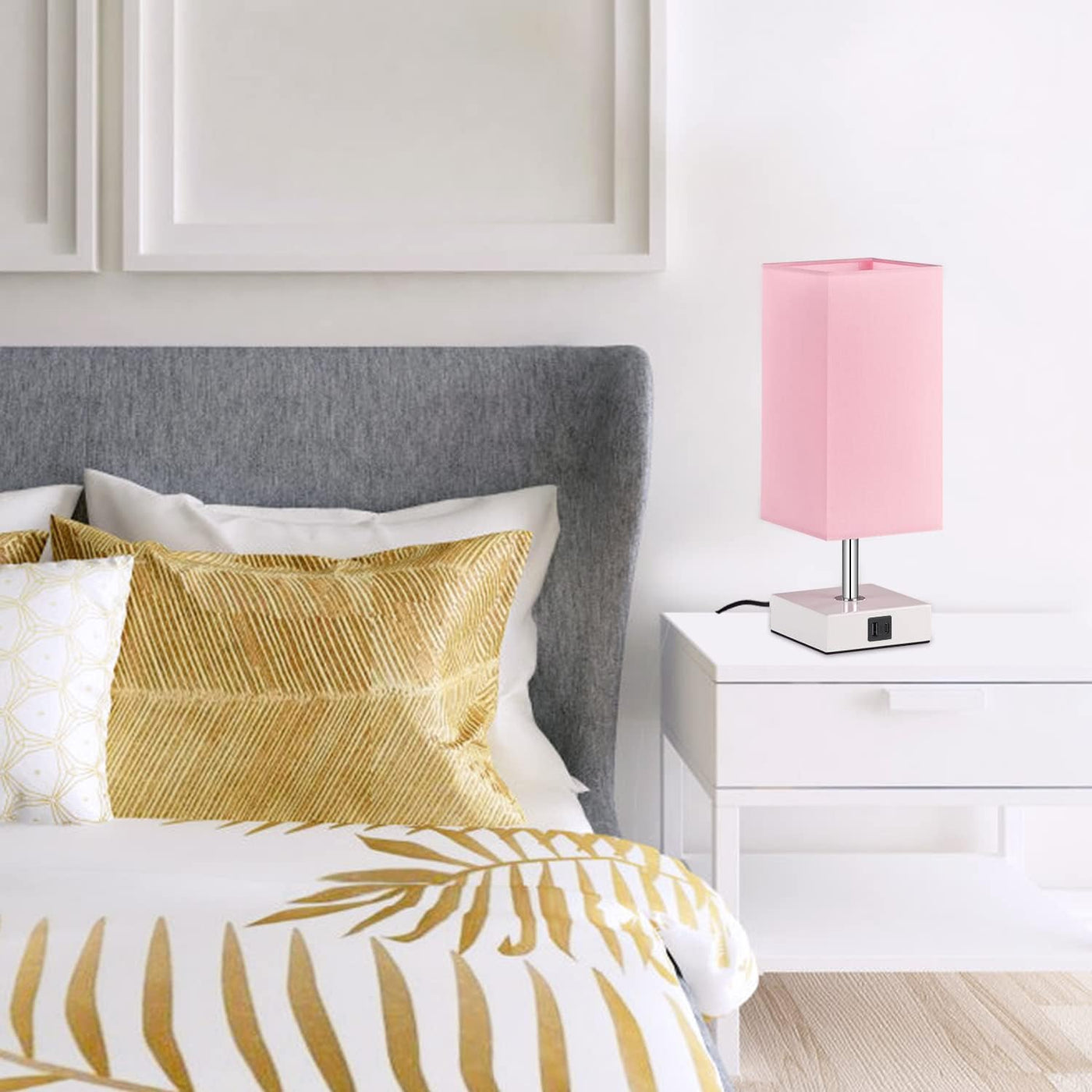 Touch Control Table Lamp with USB A+C Ports – 3-Level Dimmable Bedside Lamp with LED Bulb, Pink Shade & White Base, for Girls’ Room, Bedroom, Office