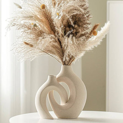 Off-White Hollow Ceramic Vase Set of 2 – Modern Donut Design for Nordic Home Decor